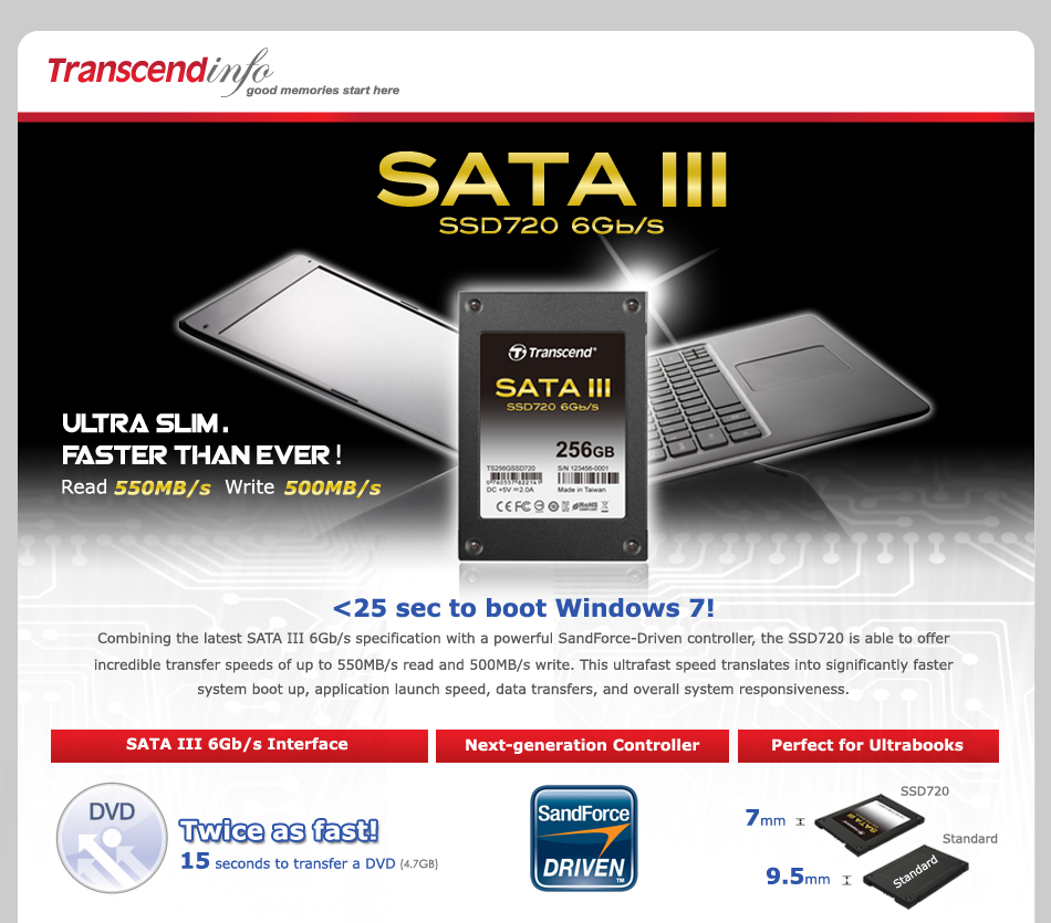 SATA III 6Gb/s SSD
Ultra Slim. Faster then ever!

Solid State Drive - SSD720