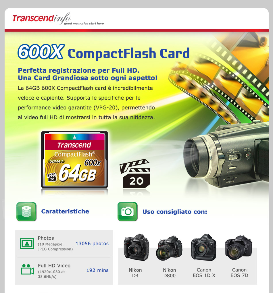 600X CompactFlash Card
Perfetta registrazione per Full HD.
Una Card Grandiosa sotto ogni aspetto!